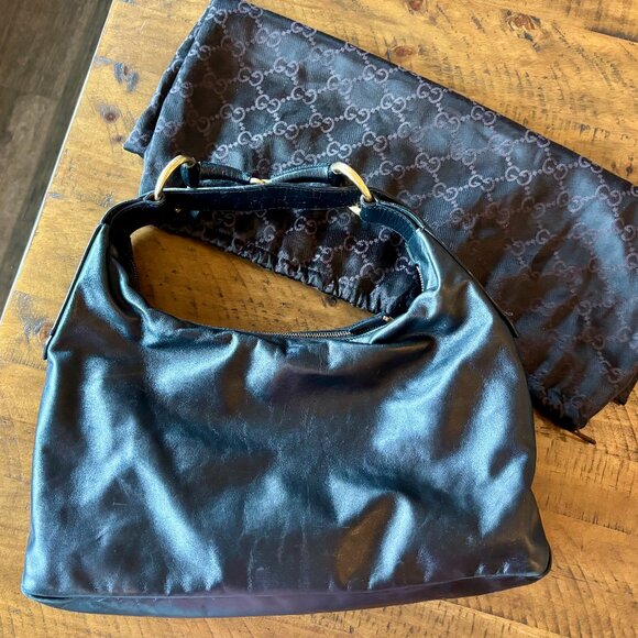 Vintage GUCCI Black Leather Medium Horsebit Hobo Shoulder Bag - Picture 2 of 8